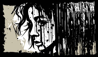 Akıl sağlığı konsepti. Sanat tarzında düzensiz çizgilerle çizilmiş kaygı ve depresyon içindeki genç bir kadının soyut grafik portresi. Karışık akıl ve kaotik düşünceler