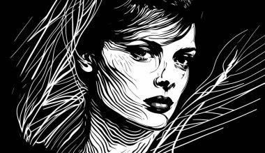 Akıl sağlığı konsepti. Sanat tarzında düzensiz çizgilerle çizilmiş kaygı ve depresyon içindeki genç bir kadının soyut grafik portresi. Karışık akıl ve kaotik düşünceler