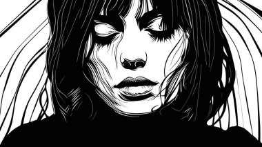 Akıl Sağlığı Konsepti. Genç nesil insanlarda yalnızlık ve depresyon. Vektör sanatında depresyonda olan genç bir kadının soyut grafik portresi.