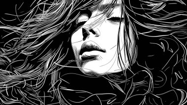 Akıl Sağlığı Konsepti. Genç nesil insanlarda yalnızlık ve depresyon. Vektör sanatında depresyonda olan genç bir kadının soyut grafik portresi.