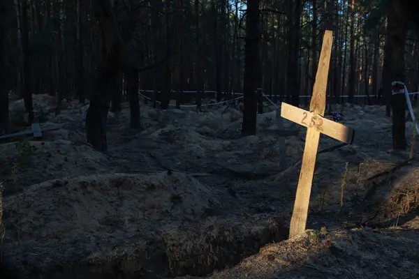 A ray of the setting sun on a grave cross at a forest burial site after exhumation in the town of Izium, liberated by Ukrainian troops, Kharkiv Region, Ukraine.