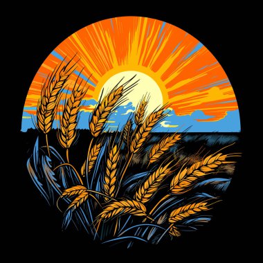 Dekoratif doğa geçmişi. Buğday tarlasında vektör sanat tarzında buğday kulaklarının soyut görüntüsü. Poster, tişört, çıkartma, logo için şablon