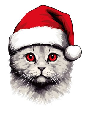 Kırmızı Noel Baba şapkalı neşeli bir kedi yeni yıl ve Noel tatili için neşeli bir hava katar. Kedi, vektör pop sanat tarzında mevsimin neşesini temsil eden şakacı bir poz verir.