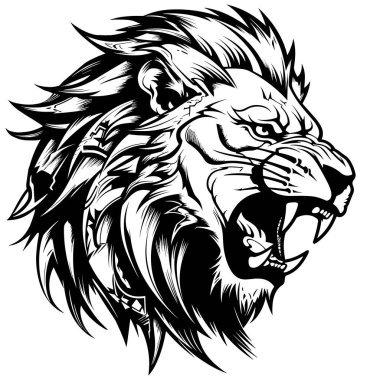 Gururlu ve görkemli bir aslanın portresi. Tişört, çıkartma, poster vs. için baskı şablonu. Tasarım ögesi 