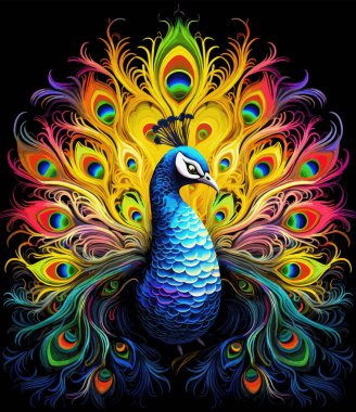 Portrait of a beautiful peacock with the feathers of its tail loosely arranged in an intricate and colourful pattern in a decorative vector art style on a black background. clipart