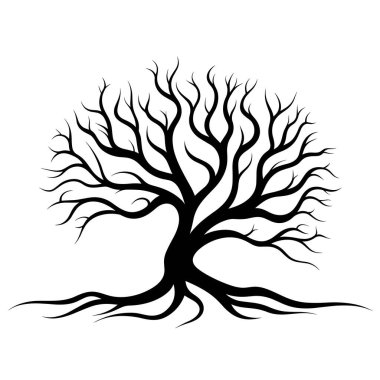 Beyaz arka planda izole edilmiş vektör sanat tarzında minimalist ağaç silueti. Ekolojik kavram için logo biçimi.