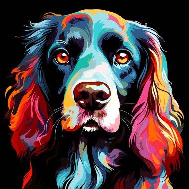 Vektör pop sanat tarzında renkli spanyel portre. Tişört baskısı, çıkartma, poster vs. için şablon.