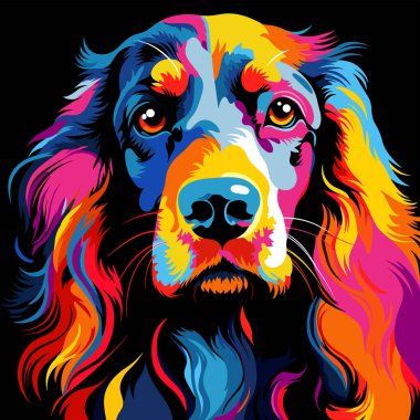Vektör pop sanat tarzında renkli spanyel portre. Tişört baskısı, çıkartma, poster vs. için şablon.