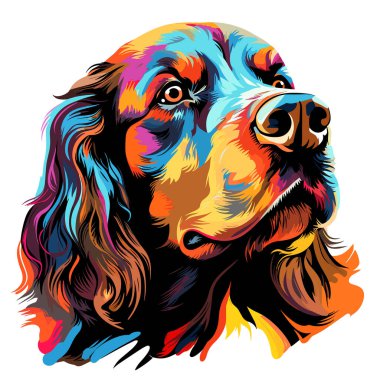 Vektör pop sanat tarzında renkli spanyel portre. Tişört baskısı, çıkartma, poster vs. için şablon.