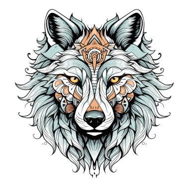Dekoratif psikedelik vektör pop sanat tarzında bir kurt portresi. Poster, etiket, tişört baskısı, etiket vs. için şablon.