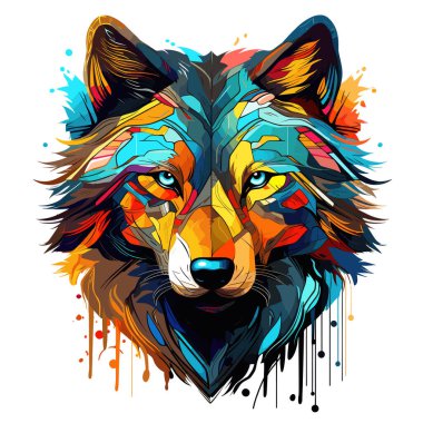 Dekoratif psikedelik vektör pop sanat tarzında bir kurt portresi. Poster, etiket, tişört baskısı, etiket vs. için şablon.
