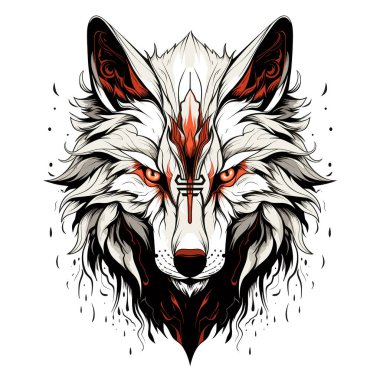 Dekoratif psikedelik vektör pop sanat tarzında bir kurt portresi. Poster, etiket, tişört baskısı, etiket vs. için şablon.