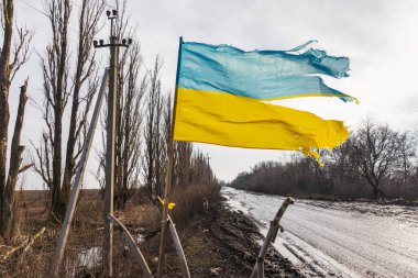 DONETSK REG, UKRAINE - 14 Şubat 2024: Ukrayna Savaşı. Yenilmez bir Ukrayna sembolü olan Donetsk bölgesinde yol boyunca yırtık ama gururla dalgalanan bir bayrak görülüyor..