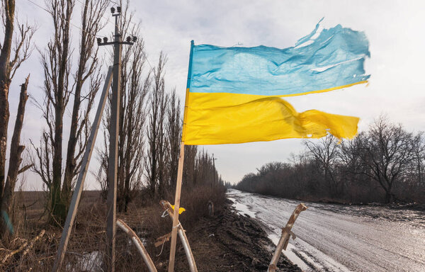DONETSK REG., UKRAINE - Feb. 14, 2024: War in Ukraine. A torn but proudly flying flag is seen along a road in the Donetsk region, a symbol of an invincible free Ukraine.