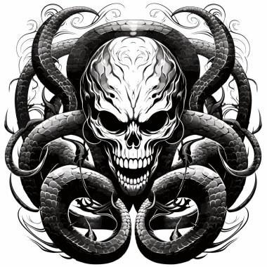 Yılanlı bir şeytan kafatası. Vektör pop sanatı tarzında mistik çizimler. Tişört baskısı, çıkartma, poster vs. için şablon.