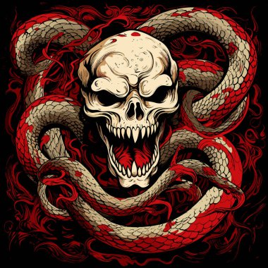 Yılanlı bir şeytan kafatası. Vektör pop sanatı tarzında mistik çizimler. Tişört baskısı, çıkartma, poster vs. için şablon.