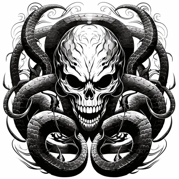 Yılanlı bir şeytan kafatası. Vektör pop sanatı tarzında mistik çizimler. Tişört baskısı, çıkartma, poster vs. için şablon.