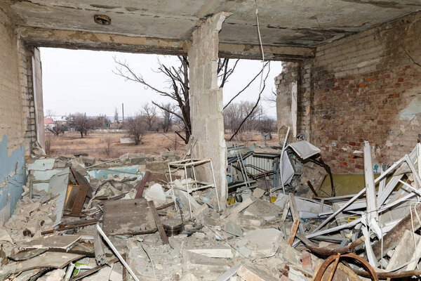 SIVERSK, DONETSK REG., UKRAINE - Mar. 10, 2024: A destroyed hospital is seen in Siversk as a result of constant artillery shelling by the Russian army.