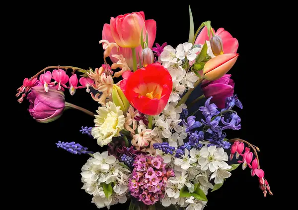 Romantisches Bouquet Der Ersten Gartenblumen Isoliert Auf Schwarzem Hintergrund Die Stockfoto