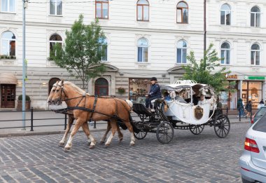 IV, UKRAINE - Mayıs. 18, 2024: Lviv şehrinin tarihi bölgesinde bir at arabasının turistleri gezdirdiği görülüyor