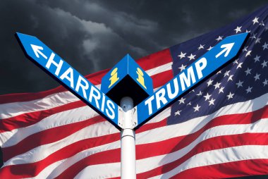 Amerikan başkanlık yarışı. Yol kenarındaki tabelada Kamala Harris ve Donald Trump 'ın isimleri ve fırtınalı bir gökyüzü.