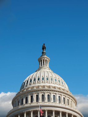 Washington DC, ABD - 10 Ekim 2022 Washington D.C. 'deki ikonik meclis binası, açık mavi gökyüzüyle çevrili.