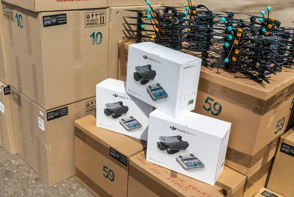 stock image DONETSK Reg, UKRAINE - Aug. 29, 2024: A batch of fpv drones and Mavic drones  during their transfer from the Petro Poroshenko Foundation to the armed forces of Ukraine