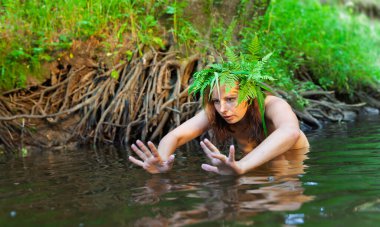 Güzel genç bir kadın, sakin bir orman nehrinde çıplak poz veriyor, doğayı kucaklıyor. Kafasına eğreltiotu çelengi takıyor, aydınlık bir günde yemyeşil bir çevreye bağlanıyor..