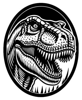 Ayrıntılı bir illüstrasyonda bir Tyrannosaurus Rex 'in vahşi kafası sergileniyor. Eserde, dinozorların keskin dişleri ve anlamlı gözleri vurgulanarak karmaşık siyah beyaz çizgiler yer alıyor..