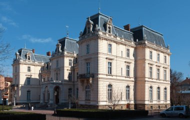 Lviv, Ukrayna - Mar. 22, 2025: Potocki Sarayı, Lviv 'de parlak mavi gökyüzüne karşı zarif Fransız Barok mimarisi sergiliyor..