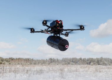 Kyiv reg, Ukrayna - 16 Şubat 2025: Fiber optik ile kontrol edilen bir FPV İHA test uçuşu sırasında görüldü
