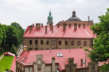 LVIV, UKRAINE - Haziran. 20, 2021: Kırmızı çatıları olan tarihi binalar yemyeşil alanlar arasında görülebiliyor ve şehrin mimari güzelliğini gözler önüne seriyor. Ufuk çizgisi kule ve kubbelerle işaretlenmiş..