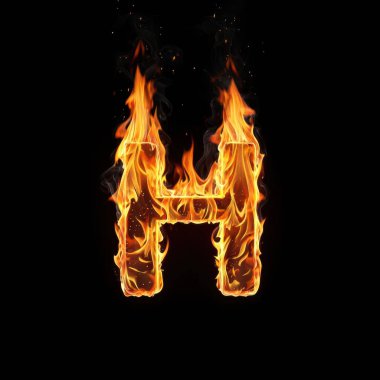 Ateşli H harfi, alevlerden oluşmuş siyah bir arkaplan karşısında, bir alfabe dizaynı sergiliyor..