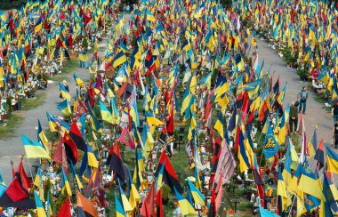 Lviv, Ukrayna - Haziran. 24, 2025: Marsove Pole Askeri Mezarlığı 'nı dolduran çok sayıda renkli bayraklar,.