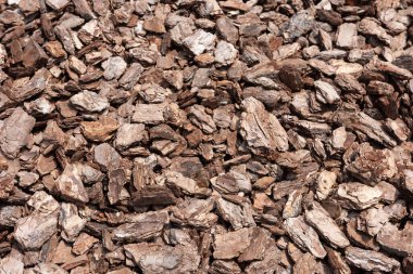 Yakın çekimde sergilenen saman desenli bahçe yatakları ve peyzaj için mükemmel. Doğal odun parçaları organik bir zemin oluşturur..