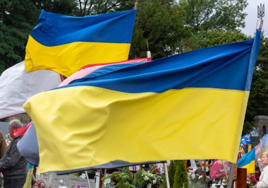 Lviv, Ukrayna - 24 Ağustos 2025: Lviv 'deki Mars Alanı anıtında renkli Ukrayna bayrakları gururla dalgalanıyor, şehit askerlerin anısına kasvetli bir hatıra atmosferi içinde.