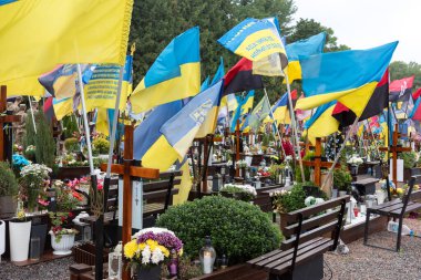 Lviv, Ukrayna - 24 Ağustos 2025: Mars Meydanı 'nda çiçeklerle süslenmiş renkli bayraklar, Ukrayna' nın batısındaki Lviv kentinde şehit düşen askerlerin anısına yapılan bir semt..