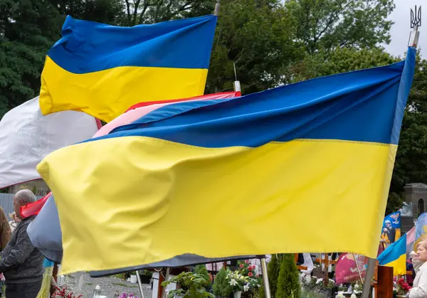 Lviv, Ukrayna - 24 Ağustos 2025: Lviv 'deki Mars Alanı anıtında renkli Ukrayna bayrakları gururla dalgalanıyor, şehit askerlerin anısına kasvetli bir hatıra atmosferi içinde.