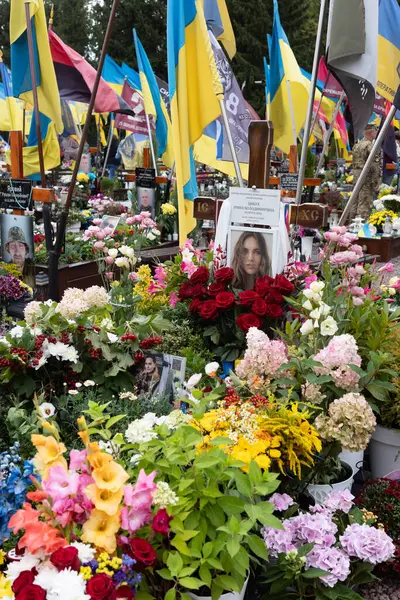 Lviv, Ukrayna - 24 Ağustos 2025: Bayraklarla süslenmiş ve Ukrayna 'nın batısındaki savaşta hayatını kaybedenleri onurlandıran birçok anıtı çevreleyen renkli çiçekler.