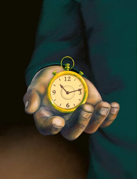 Öppen Hand Visar Gammal Klocka Digital Handmålad Illustration — Stockfoto