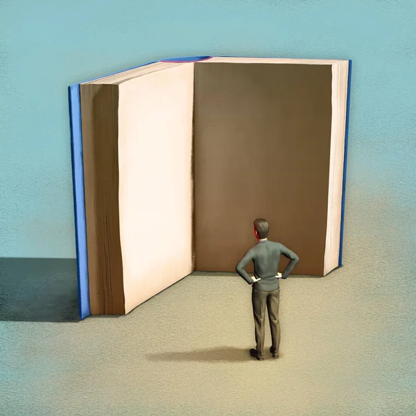 Człowiek Stojący Przed Otwartą Księgą Ilustracja Cyfrowa Renderowanie — Zdjęcie stockowe