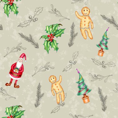 Noel desenli el yapımı süslemeler. Ağaçlar, zencefilli kurabiye adamlar, Noel Baba ve Holly de dahil. Dijital illüstrasyon.