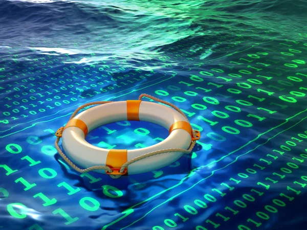 救生员漂浮在发光的二进制代码的海洋中 数字图解 3D渲染 — 图库照片