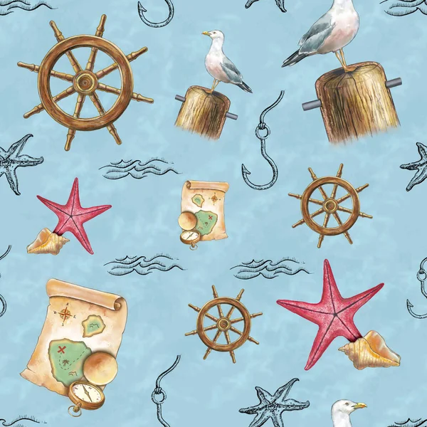 Nautical Themed Pattern Hand Drawn Elements Including Seagull Starfish Old — Stock Photo, Image