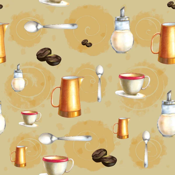 咖啡主题模式与杯子 勺子和糖分配器 带有手绘元素的数字图像 — 图库照片