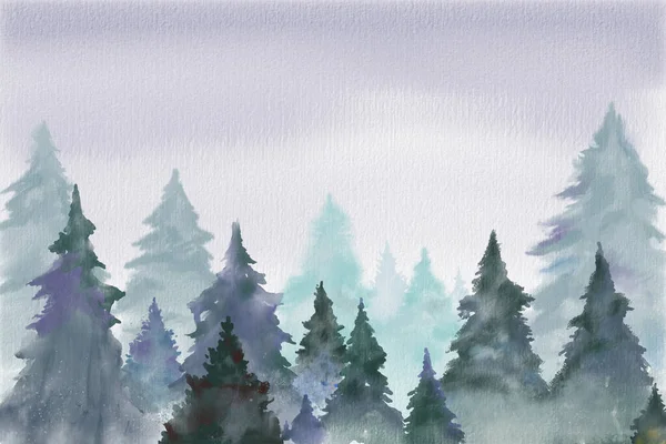 Świąteczne Tło Kilkoma Drzewami Mglistym Śnieżnym Otoczeniu Cyfrowy Akwarela — Zdjęcie stockowe