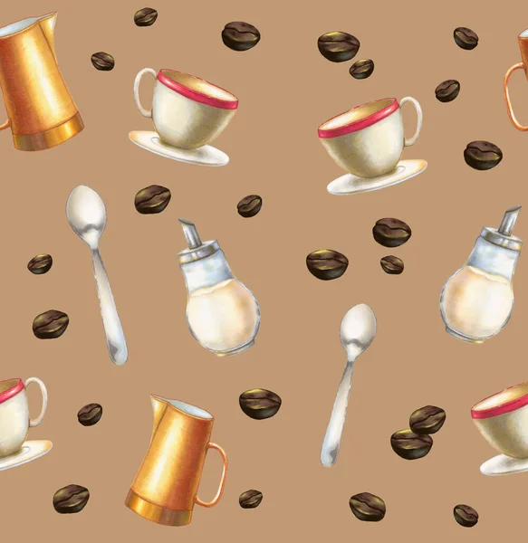Coffee themed pattern with cup, jug, spoon and sugar dispenser. Digital illustration with hand-drawn elements.