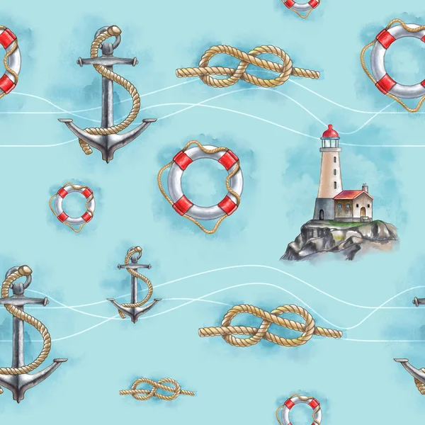 Seefahrermuster Mit Handgezeichneten Elementen Wie Lebensretter Seil Anker Und Leuchtturm — Stockfoto