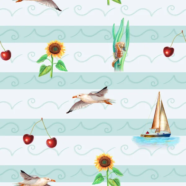 Summer Themed Pattern Sunflower Seahorse Seagull Sailboat Some Cherries Digital — Foto de Stock