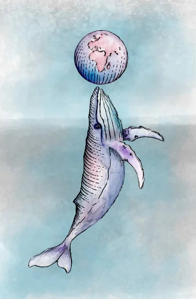 Whale jumping and playing with planet Earth. Watercolor and ink illustration.